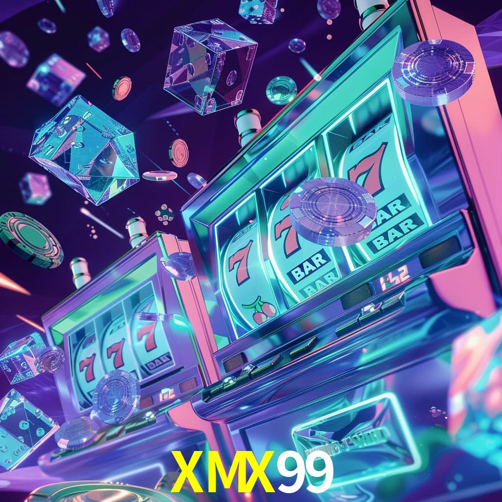 Escena dinámica inspirada en casino con iluminación XMX99, cartas, fichas e íconos de juegos digitales en un espacio moderno de juegos.